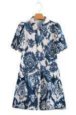 Blue Boho Floral Print Buttoned Collared Loose Fit Mini Dress - Image 14