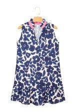 Blue Floral Sleeveless Notched V Neck Mini Dress - Image 17