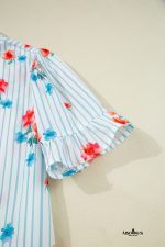 Sky Blue Striped Floral Print Ruffle Belted Mini Dress - Image 8