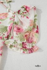 White Floral Print Sweetheart Neck Bubble Sleeve Ruffle Mini Dress - Image 11