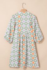 Green Geometric Floral Print 3/4 Sleeve Notched Neck Mini Dress - Image 4