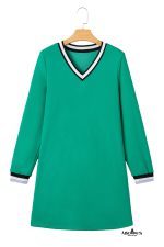 Mint Green Preppy Contrast Striped V Neck Long Sleeve T-shirt Dress - Image 12