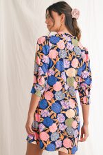 Navy Blue Hydrangea Floral V Neck Puff Sleeve Dress - Image 2