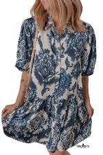 Blue Boho Floral Print Buttoned Collared Loose Fit Mini Dress - Image 15