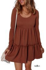 Straw Yellow Ribbed Frilled Trim High Waist Long Sleeve Mini Dress - Image 19