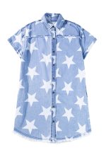 Sky Blue Star Print Frayed Hem Buttoned Denim Mini Dress - Image 13