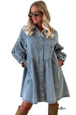 Beau Blue Smocked Cuffs Flared Denim Shirt Mini Dress - Image 7