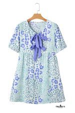 Sky Blue Leopard Bow Front Puff Sleeve Mini Dress - Image 12