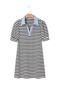 Black Stripe Collared Puff Sleeve Pocketed Mini Dress - Image 16