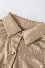 Apricot Metallic Sheen Puff Sleeve Button Up Mini Shirt Dress - Image 18