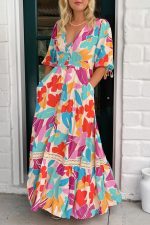Rose Red Floral Knot Puff Sleeve V Neck Buttoned Front Split Lace Maxi Dress - Image 4