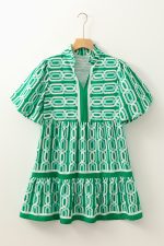 Bright Green Abstract Print Puff Sleeve Pop of Color Neckline Dress - Image 10