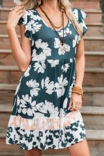 Dark Green Floral Print Ruffle Sleeve Empire Waist Mini Dress