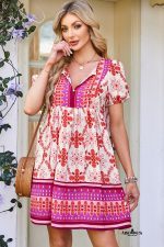 Rose Boho Floral Short Sleeve Tie V Neck Mini Dress - Image 4