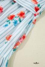 Sky Blue Striped Floral Print Ruffle Belted Mini Dress - Image 10