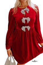 Fiery Red Bowknot Decor High Waist Velvet Mini Dress - Image 5