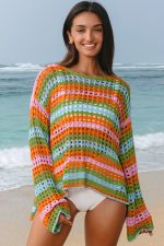 Carrot Striped Hollow Knit Summer Beach Cover Up - Image 3