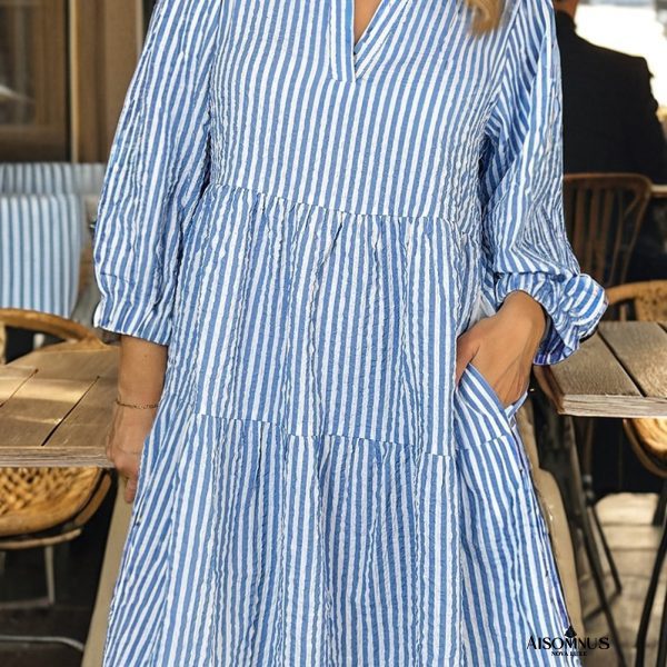 Sky Blue Striped Textured Bracelet Sleeve Tiered Mini Dress