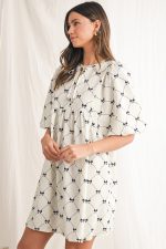 White Sweet Bow Print Lantern Sleeve Mini Dress - Image 6