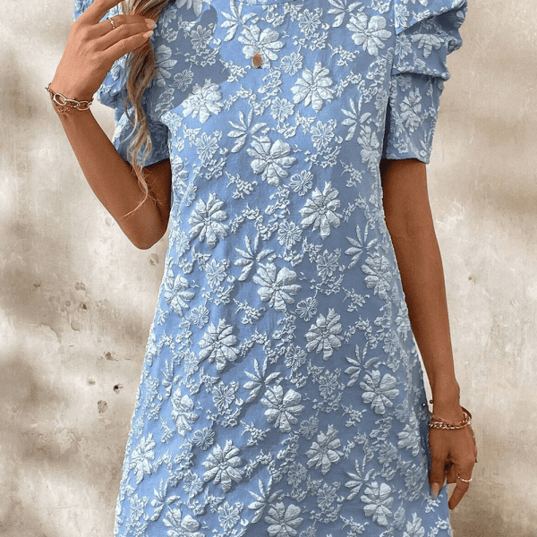 Sky Blue Floal Jacquard Elegant Mini Dress