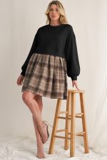 Black Plaid Patchwork High Waist Sweatshirt Mini Dress - Image 5