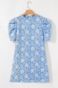 Sky Blue Floal Jacquard Elegant Mini Dress - Image 6