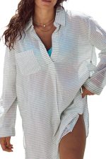 White Stripe Collared V Neck Chest Pocket Long Sleeve Beach Cover up - Image 15