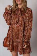 Brown Leopard Print Tie Neck Loose Fit Mini Dress - Image 6