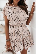 Khaki Heart Printed Flutter Sleeve Cinched Waist Tiered Ruffle Mini Dress