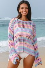 Purple Striped Hollow Knit Summer Beach Cover Up - Image 5