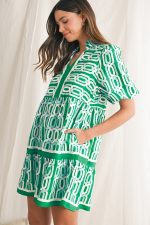 Bright Green Abstract Print Puff Sleeve Pop of Color Neckline Dress - Image 3