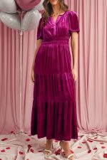 Red Dahlia Velvet Short Sleeve Shirred Waist Tiered Maxi Dress - Image 8