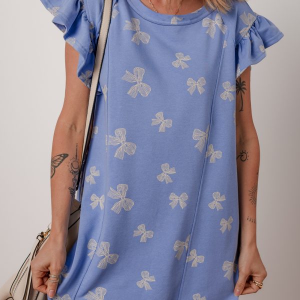 Sky Blue Bow Print Ruffle Sleeve Mini Dress