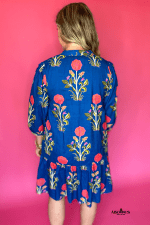 Blue Floral Print Button Front 3/4 Puff Sleeve Ruffle Hem Dress - Image 2