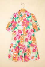 Pink Floral Puff Sleeve Collar Buttoned Babydoll Dress - Image 3