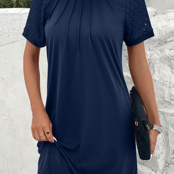 Navy Blue Contrast Lace Raglan Sleeve Pleated Mini Dress