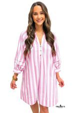 Rose Striped Long Sleeve Buttons Loose Mini Dress - Image 18