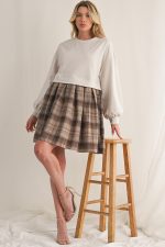 Beige Plaid Patchwork High Waist Sweatshirt Mini Dress - Image 6