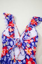 Blue Floral Ruffle Trim V Neck Backless One Piece Swimsuit - Image 10