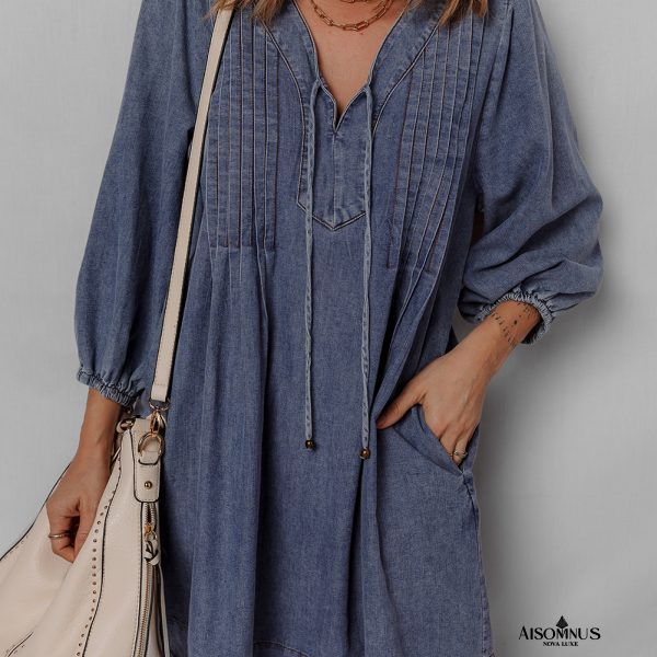 Sail Blue Pleated V Neck 3/4 Sleeve Denim Mini Dress