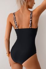 Black Color Block Leopard Print Strap One Piece Swimsuit - Image 2