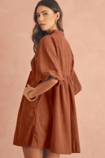 Gold Flame Light Snap Button Empire Waist Lantern Sleeve Corduroy Dress - Image 5