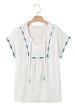 White Colorful Fringed Detail Tassel Tie Neck Short Sleeve Cover Up - Image 14