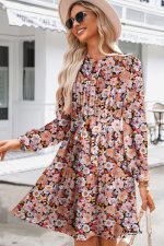 Multicolour Floral Print Pleated Detail Bleted Long Sleeve Mini Dress - Image 3