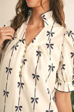 Beige Cute Bowknot Printed Bubble Sleeve V Neck Mini Dress - Image 8