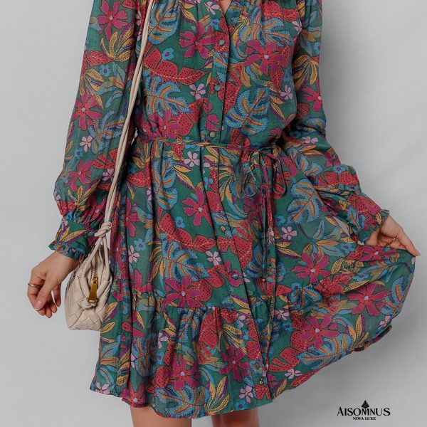 Green Floral Frill V Neck Puff Sleeve Ruffle Mini Dress