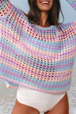 Purple Striped Hollow Knit Summer Beach Cover Up - Image 9