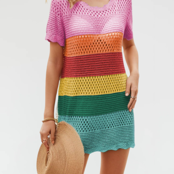 Multicolour Hollow Out Crochet Short Sleeve Swimsuit Cover Up