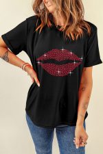 Black Shiny Lip Shape Graphic Crew Neck Tee - Image 3