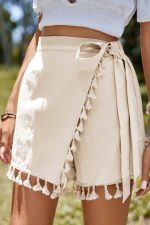 Apricot Boho Tassel Trim Wrap Knot Side Mini Skort - Image 5